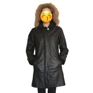 Vtg Danier Winter Coat Leather Black Hooded Removable Lining Size Small